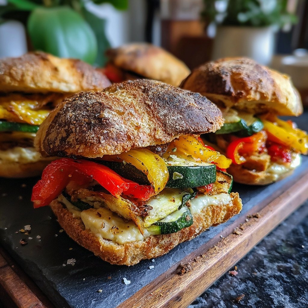 Geröstetes Gemüse und Hummus Sliders