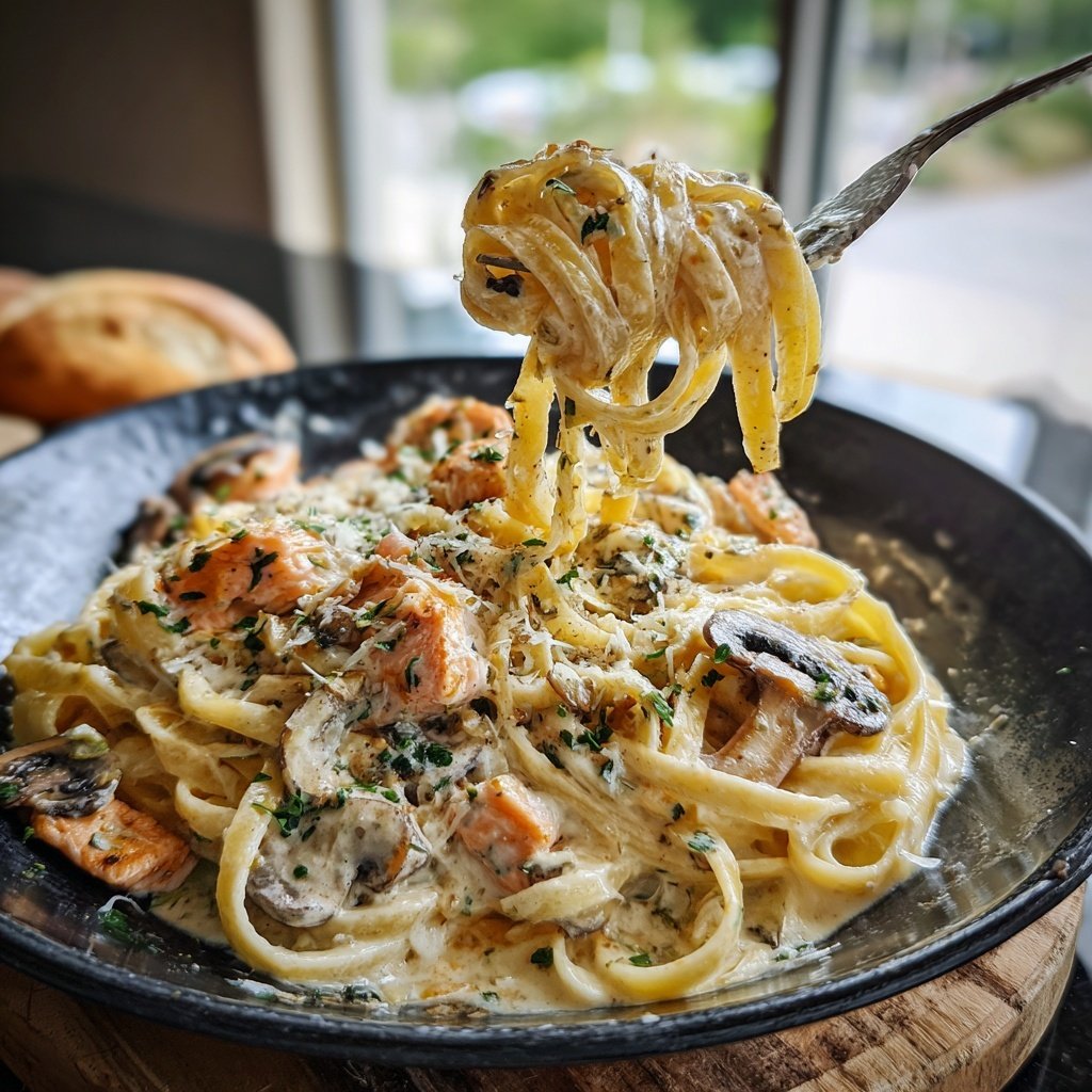 Cremige Pilz-Lachs-Tagliatelle