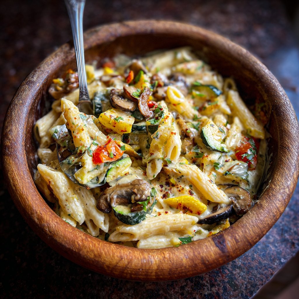 Cremige Knoblauch-Pasta mit geröstetem Gemüse aus einem Topf