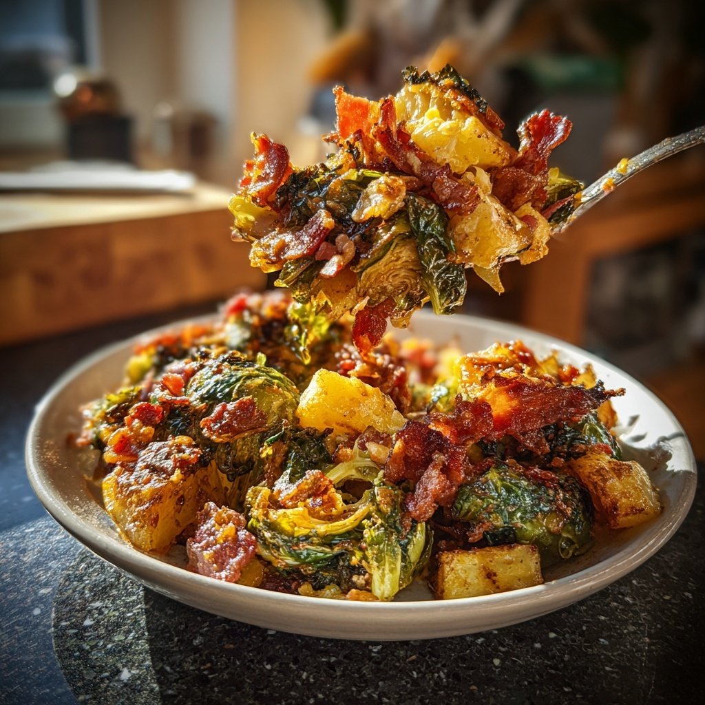 Gebratener Rosenkohl mit Speck, Zwiebeln und Kartoffelwürfeln