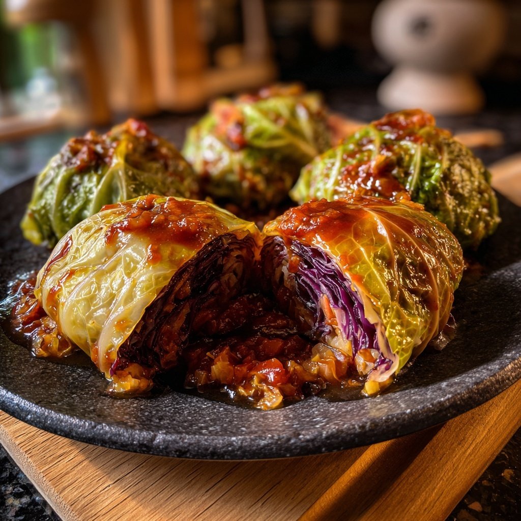 Rotkohl Krautwickel in herzhafter Sosse